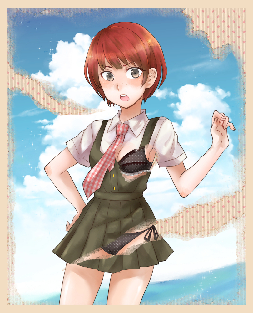 1girl :o bangs black_bra black_panties blue_sky border bra brown_eyes clouds cowboy_shot dangan_ronpa_(series) dangan_ronpa_2:_goodbye_despair day dress dress_shirt freckles furrowed_eyebrows green_dress hand_on_hip koizumi_mahiru looking_at_viewer necktie ocean open_mouth page_tear panties pinafore_dress plaid_neckwear pleated_dress polka_dot polka_dot_bra polka_dot_panties red_neckwear redhead revealing_layer sazanami_(saza73) shirt short_hair short_sleeves side-tie_panties sky solo swimsuit tan_background texture underwear upper_teeth white_neckwear white_shirt