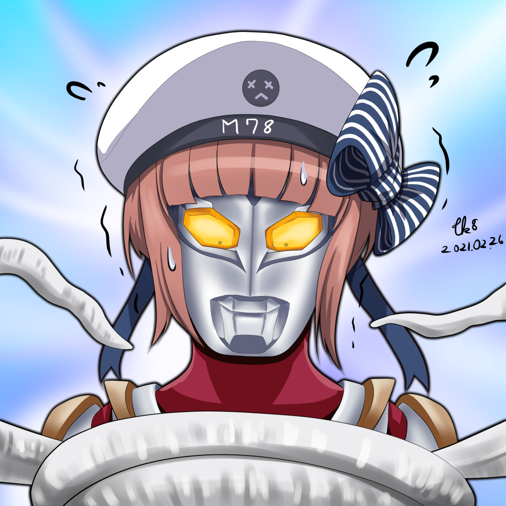 1girl artist_name bangs blunt_bangs clothes_writing commentary_request dated hat kantai_collection namesake parody redhead sailor_hat short_hair signature solo sweatdrop tentacles tk8d32 ultra_series ultraman_max ultraman_max_(series) white_headwear z3_max_schultz_(kancolle)