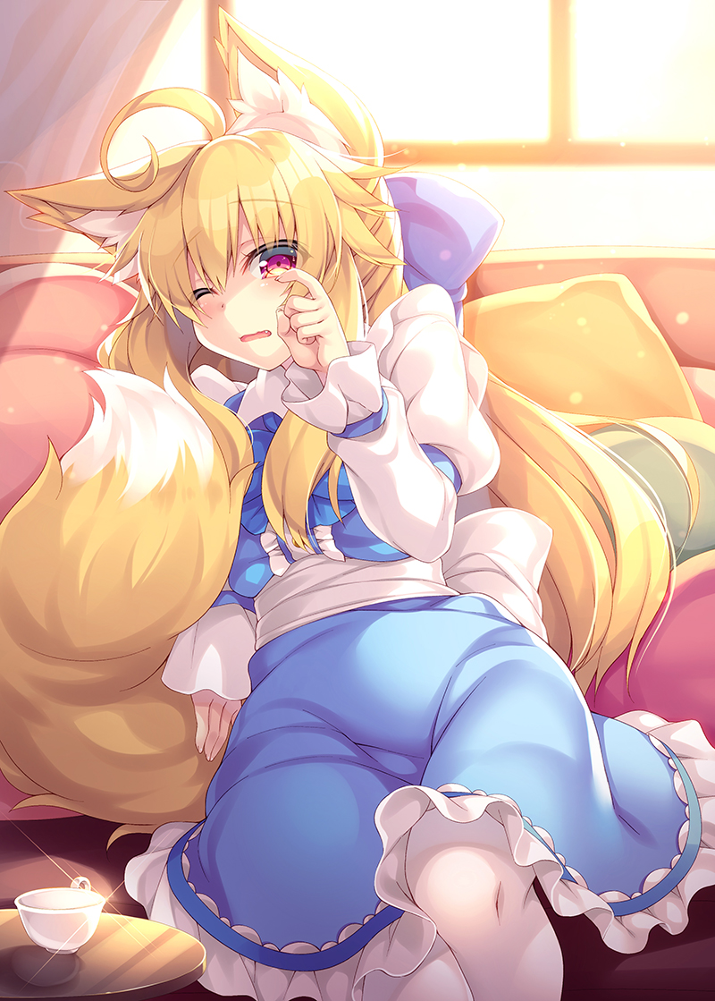 ahoge animal_ear_fluff animal_ears bangs blonde_hair blue_dress dress eyebrows_visible_through_hair fox_ears fox_tail frilled_dress frills long_hair looking_at_viewer one_eye_closed open_mouth original pantyhose red_eyes roshin tail white_legwear