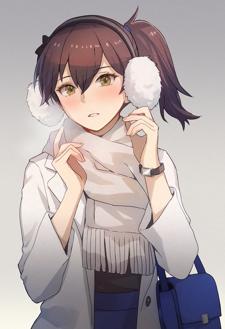 1girl alternate_costume bag blush brown_eyes brown_hair coat earmuffs eyebrows_visible_through_hair fringe_trim gradient gradient_background hair_between_eyes kaga_(kancolle) kantai_collection kasumi_(skchkko) long_hair long_sleeves open_clothes open_coat open_mouth scarf shoulder_bag side_ponytail solo upper_body watch watch white_coat white_scarf