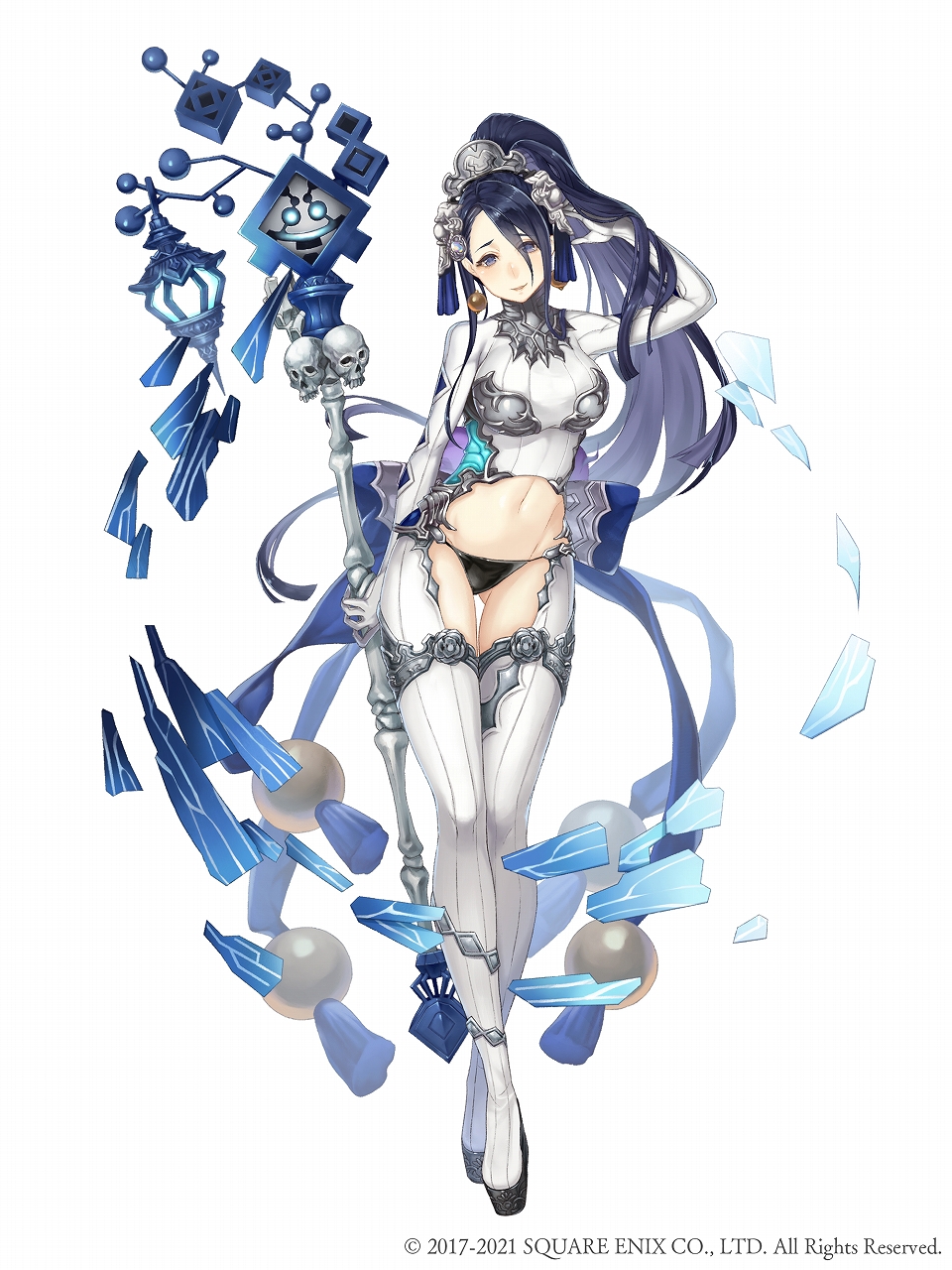 1girl bodysuit breasts crossed_legs dark_blue_hair earrings eyebrows_visible_through_hair full_body hair_over_one_eye highres holding holding_staff jewelry ji_no kaguya_hime_(sinoalice) large_breasts long_hair looking_at_viewer navel official_art platform_footwear ponytail silver_trim sinoalice skull smile solo square_enix staff watson_cross white_background white_bodysuit