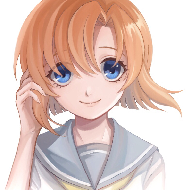 1girl bangs blue_eyes blue_sailor_collar closed_mouth commentary face hand_in_hair hand_up higurashi_no_naku_koro_ni looking_at_viewer naano_(sakikou) neckerchief orange_hair parted_bangs portrait ryuuguu_rena sailor_collar school_uniform serafuku short_hair smile solo upper_body white_background yellow_neckwear