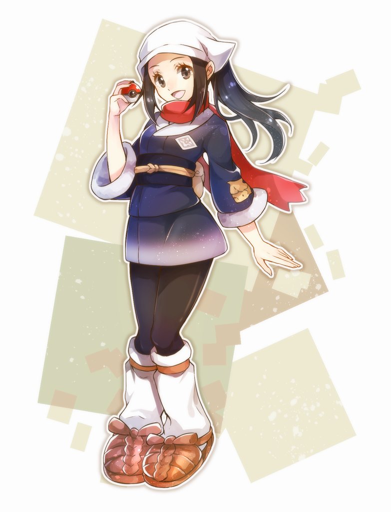 1girl black_hair black_legwear commentary_request eyelashes female_protagonist_(pokemon_legends:_arceus) floating_hair floating_scarf full_body hand_up holding holding_poke_ball long_hair looking_at_viewer open_mouth outline pantyhose poke_ball pokemon pokemon_(game) pokemon_legends:_arceus red_scarf scarf sleeves_past_elbows smile solo yomogi_(black-elf)