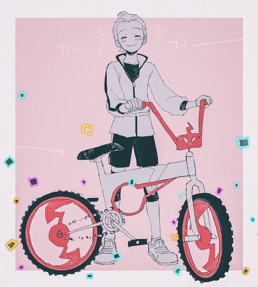 1boy bicycle blush closed_eyes closed_mouth commentary_request ground_vehicle holding knee_pads male_focus p-40_(tukinosita-de) pokemon pokemon_(game) pokemon_swsh rotom_bike shirt shoes short_hair shorts smile solo standing victor_(pokemon) zipper_pull_tab