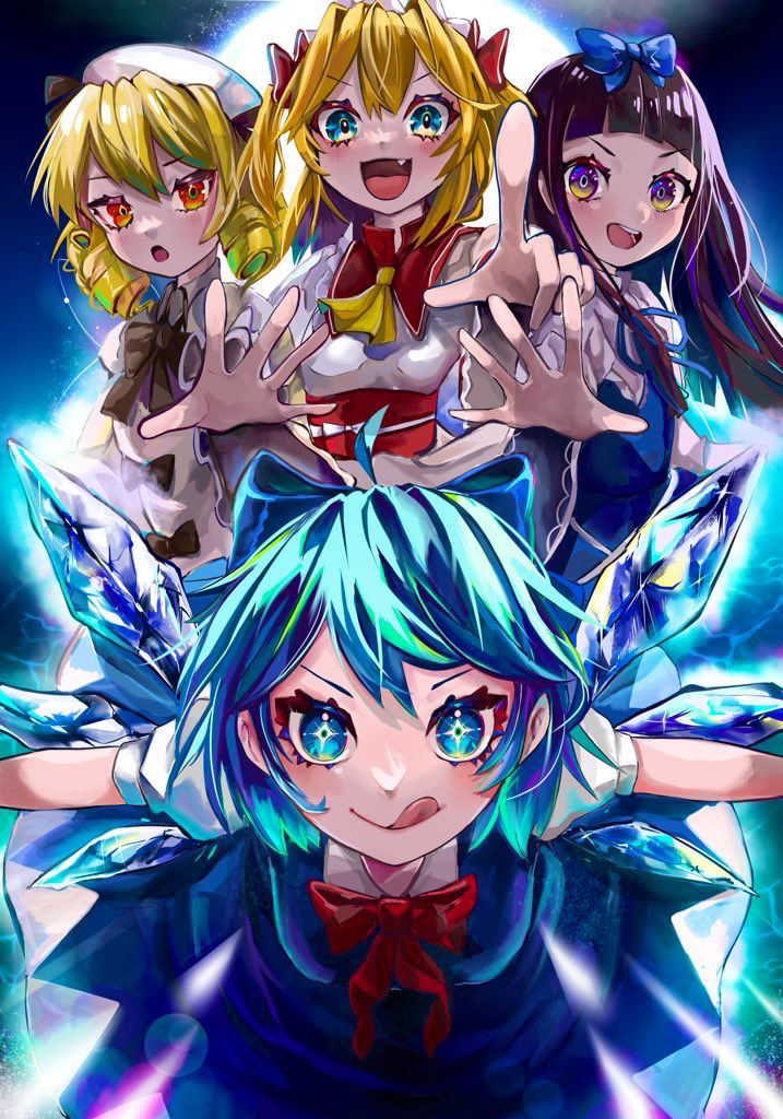 4girls :d :o :q ahoge black_neckwear blonde_hair blue_background blue_bow blue_dress blue_eyes blue_hair blue_wings bow bowtie brown_eyes brown_hair cirno dress fairy_wings fang full_moon hat hime_cut ice ice_wings licking_lips looking_at_viewer luna_child mamiya_miya moon multiple_girls open_mouth outstretched_arms puffy_sleeves red_neckwear shirt short_hair sidelocks smile star_sapphire sunny_milk tongue tongue_out touhou transparent_wings white_dress white_headwear white_shirt wings yousei_daisensou