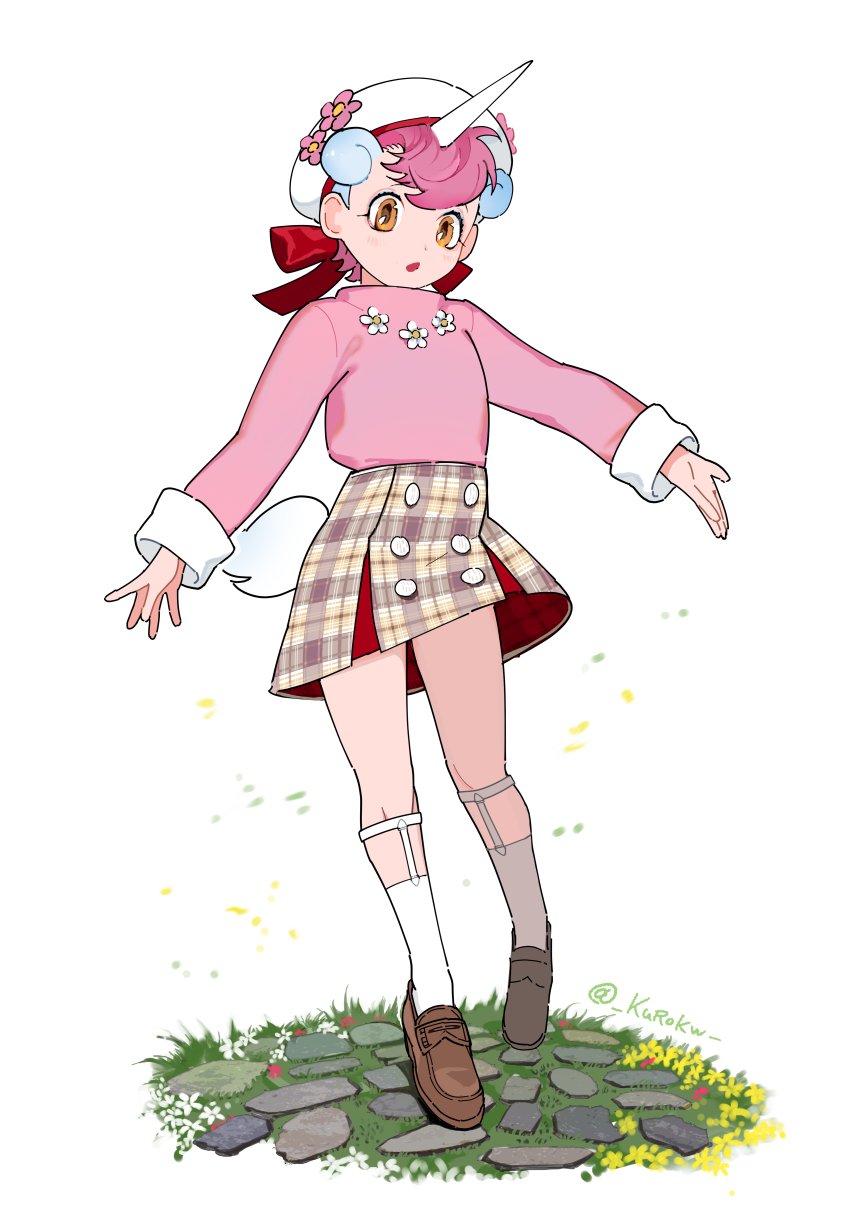 1girl beige_skirt beret bow brown_footwear cobblestone commentary_request eyebrows_visible_through_hair hair_bow hat highres horns kemono_friends kemono_friends_3 kurokw loafers long_sleeves official_alternate_costume orange_eyes pink_hair pink_sweater plaid plaid_skirt pleated_skirt red_bow shoes short_hair single_horn skirt sleeve_cuffs sock_garters socks solo sweater unico unico_(character) unico_(kemono_friends) unicorn_girl white_headwear white_legwear