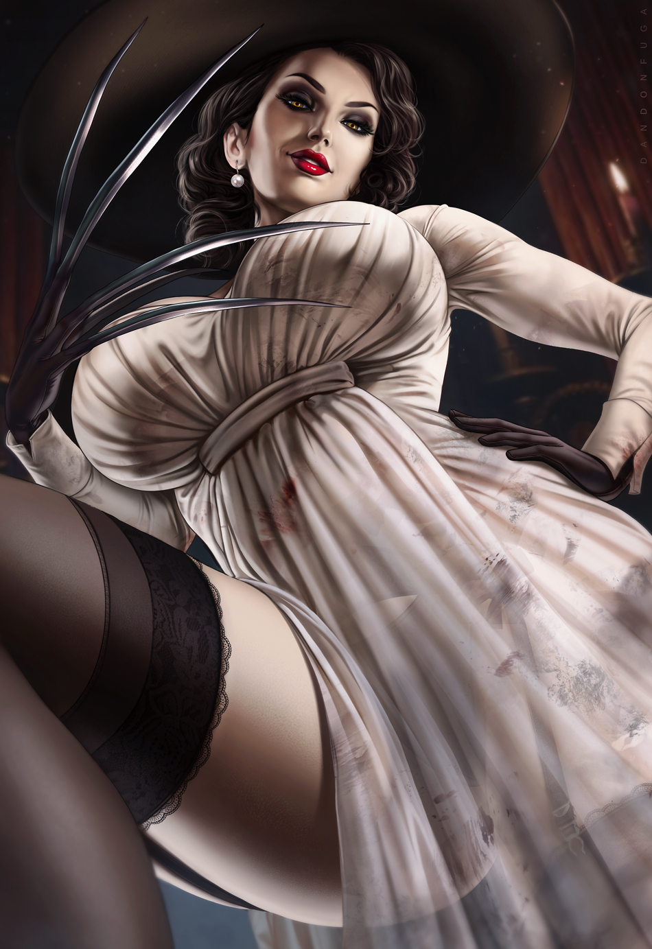 1girl alcina_dimitrescu black_gloves black_hair breasts candle claw_(weapon) dandon_fuga dress earrings gloves hat highres huge_breasts jewelry lipstick looking_at_viewer looking_down makeup parted_lips resident_evil resident_evil_village short_hair solo thigh-highs thighs weapon yellow_eyes