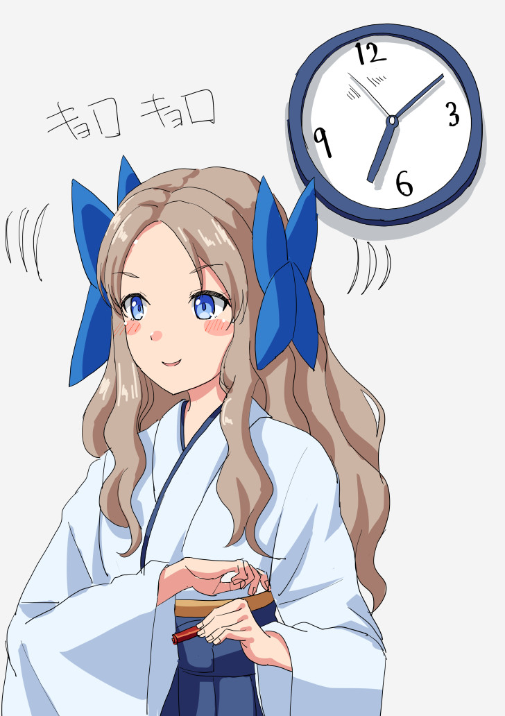 1girl asakaze_(kancolle) bangs blue_bow blue_eyes blue_hakama blush_stickers bow clock commentary_request forehead hair_bow hakama japanese_clothes kantai_collection light_brown_hair long_hair mayura2002 meiji_schoolgirl_uniform paper parted_bangs sidelocks solo translation_request wall_clock wavy_hair