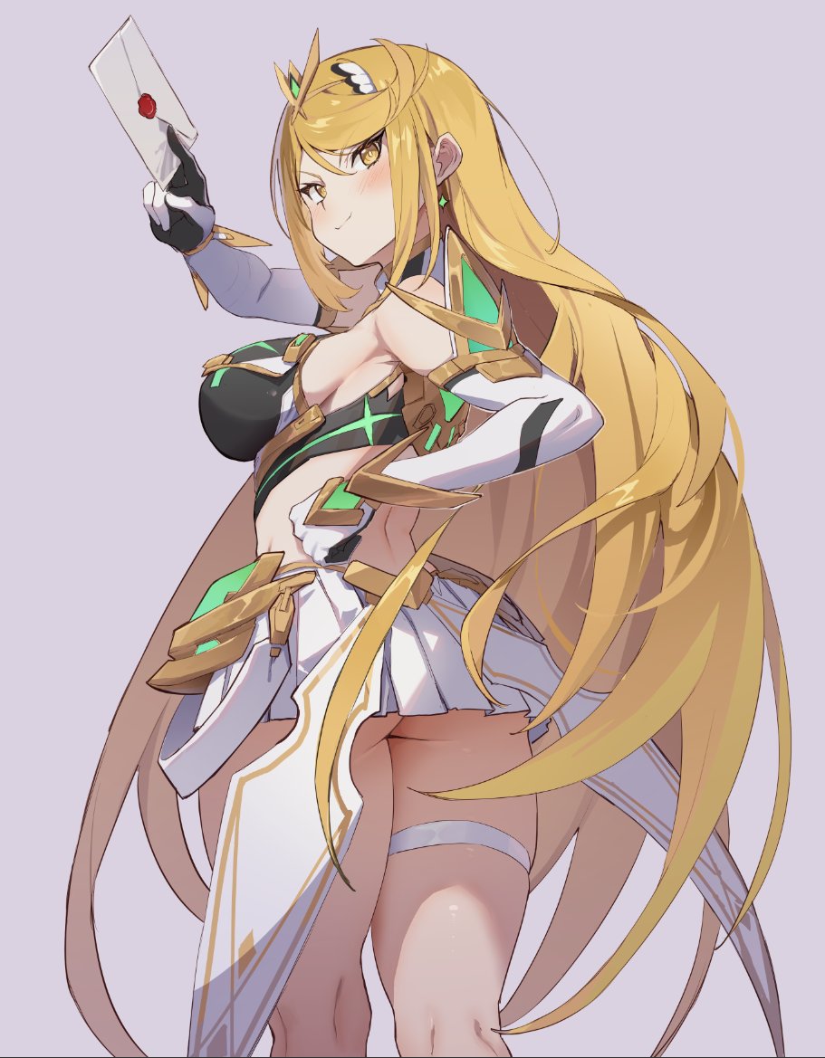 1girl ass back bangs bare_legs bare_shoulders blonde_hair blush breasts butt_crack cowboy_shot dress earrings elbow_gloves envelope from_behind gloves grey_background headpiece jewelry large_breasts long_hair looking_back mythra_(xenoblade) seinen short_dress sideboob smash_invitation smile super_smash_bros. swept_bangs thigh_strap tiara very_long_hair white_dress white_gloves xenoblade_chronicles_(series) xenoblade_chronicles_2 yellow_eyes