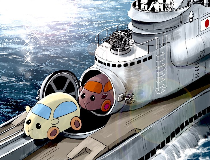 4boys cannon guinea_pig i-400_(submarine) japanese_flag matsuda_juukou molcar multiple_boys ocean outdoors parody pui_pui_molcar sparkle submarine turret water watercraft
