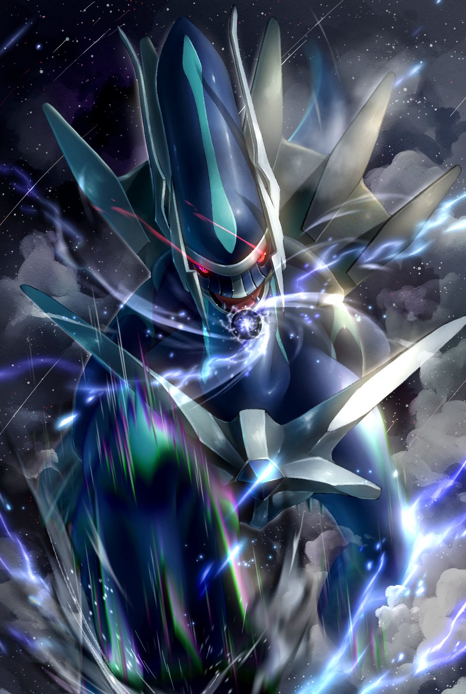 8686island blurry commentary_request dialga energy_ball gen_4_pokemon glowing glowing_eyes highres incoming_attack legendary_pokemon looking_at_viewer motion_blur no_humans open_mouth pokemon pokemon_(creature) red_eyes sharp_teeth shiny smoke solo teeth tongue