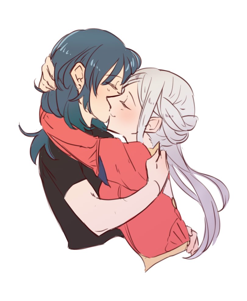 2girls bangs black_shirt blue_hair blush breasts byleth_(fire_emblem) byleth_eisner_(female) closed_mouth commentary_request couple dress edelgard_von_hresvelg eyebrows_visible_through_hair fire_emblem fire_emblem:_three_houses from_side hair_between_eyes hand_on_another's_head hug kiss long_hair long_sleeves multiple_girls red_dress riromomo shirt short_sleeves side_ponytail sidelocks simple_background smile upper_body white_background white_hair yuri