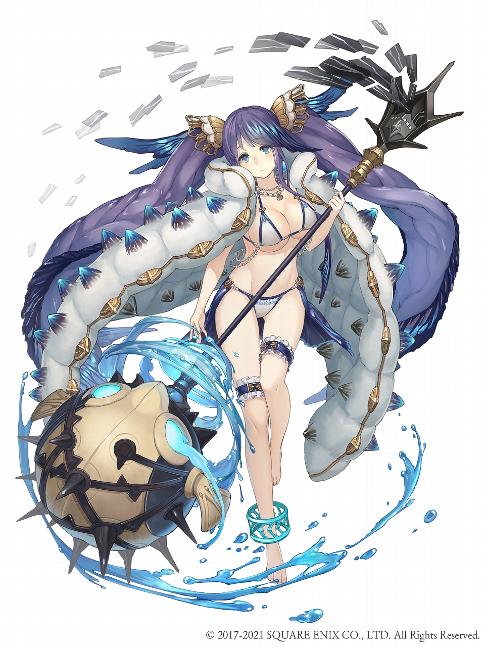 1girl absurdly_long_hair anklet aqua_eyes barefoot bikini breasts earrings eyebrows_visible_through_hair fins frills full_body fur_coat highres jewelry ji_no large_breasts long_hair looking_at_viewer mace necklace ningyo_hime_(sinoalice) official_art purple_hair sinoalice solo square_enix swimsuit swimsuit_under_clothes thigh_strap twintails very_long_hair water weapon white_background