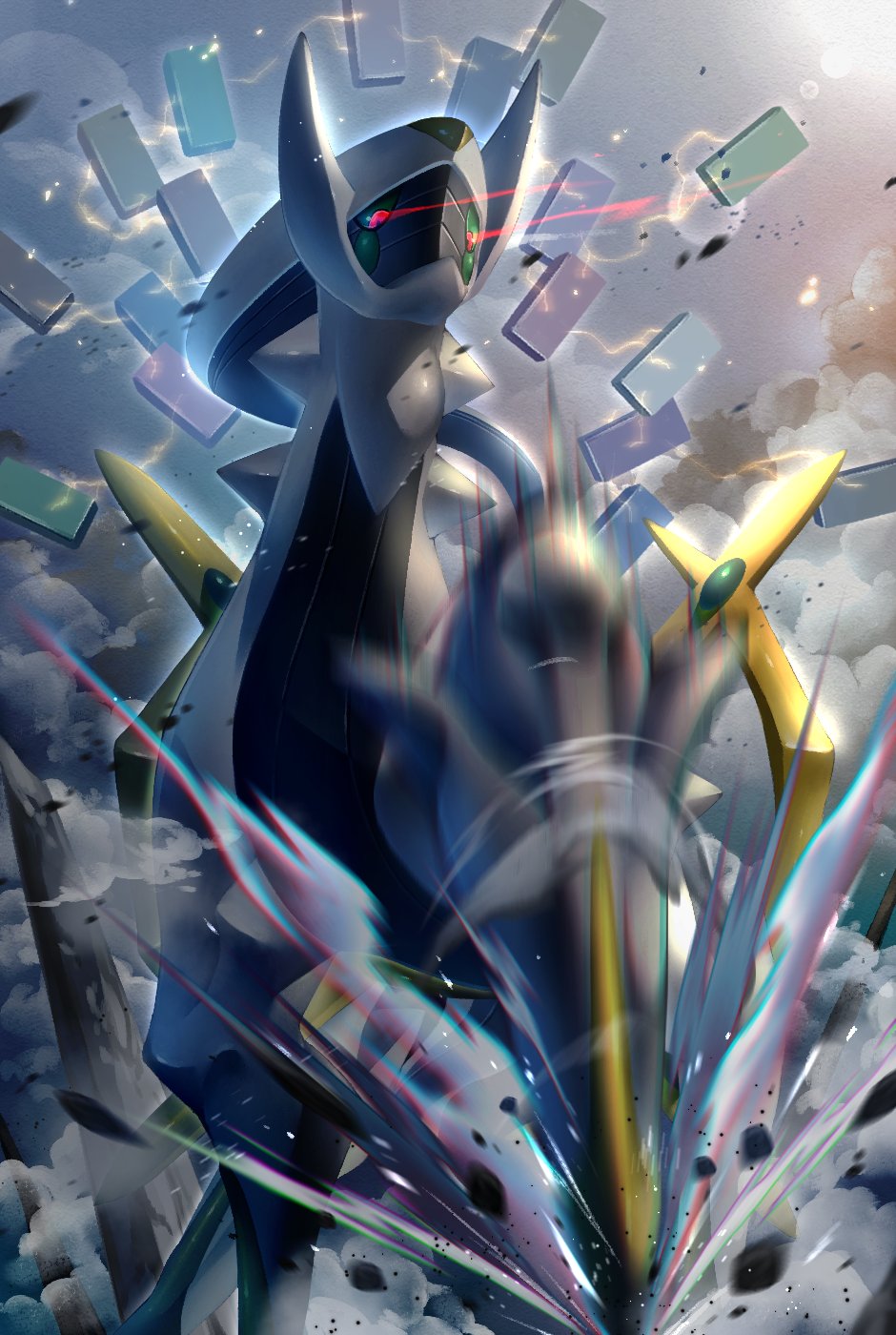 8686island arceus blurry commentary_request from_below gen_4_pokemon glowing glowing_eyes highres lens_flare motion_blur mythical_pokemon no_humans outdoors pillar pokemon pokemon_(creature) red_eyes rock smoke solo