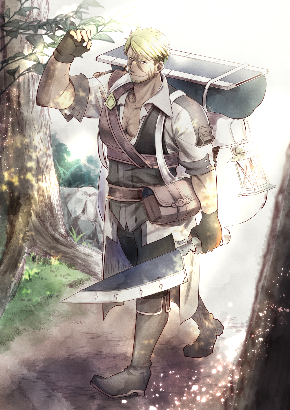 1boy backpack bag bedroll black_footwear black_gloves blonde_hair boots collarbone facial_hair fingerless_gloves gloves hand_up highres holding holding_knife knife lantern male_focus muscular muscular_male oswald_(pixiv_fantasia_mountain_of_heaven) outdoors pixiv_fantasia_mountain_of_heaven pouch rock scar scar_on_face short_hair sideburns stubble suzune_kotora tree walking