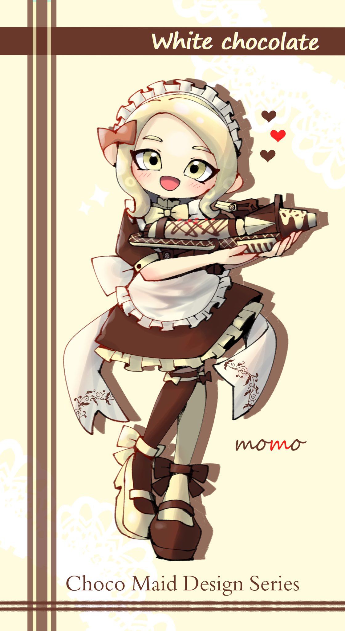 1girl :d apron artist_name back_bow black_bow black_dress black_footwear black_legwear blonde_hair bow bow_legwear bowtie commentary_request doily dress english_text frilled_dress frills full_body hair_bow heart highres holding holding_weapon looking_at_viewer maid maid_apron maid_headdress makeup mary_janes mascara medium_dress mismatched_footwear mismatched_legwear mokokoiro octoling open_mouth pink_bow pointy_ears puffy_short_sleeves puffy_sleeves shadow shoes short_hair short_sleeves signature smile solo splatoon_(series) splattershot_pro_(splatoon) standing standing_on_one_leg tentacle_hair thigh-highs weapon white_apron yellow_eyes yellow_footwear yellow_legwear yellow_neckwear