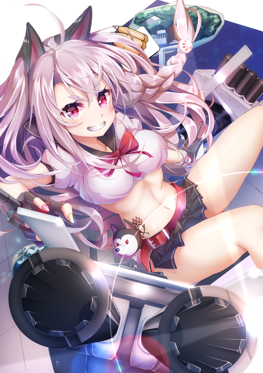 1girl animal_ears arm_up azur_lane bare_legs belt black_gloves blush bow bowtie braid breasts crop_top fang fingerless_gloves from_side gloves grin hair_between_eyes hair_ornament hairpin happy highres imo_bouya leg_up long_hair looking_at_viewer mechanical_ears medium_breasts midriff miniskirt multicolored multicolored_nails nail_polish navel paw_print pink_eyes pink_nails pleated_skirt red_eyes red_nails red_neckwear sailor_collar school_uniform serafuku shirt short_sleeves side_slit silver_hair single_braid skin_tight skirt slit_pupils smile solo stomach_tattoo tattoo thighs turret very_long_hair weapon white_shirt yellow_nails yuudachi_(azur_lane)