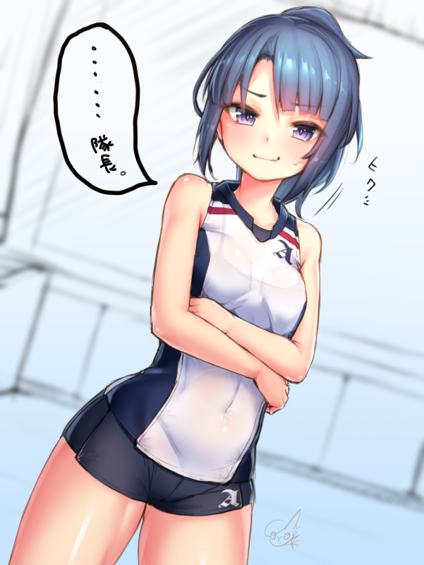 1girl alice_gear_aegis blue_hair bra closed_mouth commentary_request covered_navel cowboy_shot crossed_arms doyouwantto ear gym_uniform looking_at_viewer panties ponytail see-through signature slee sleeveless smile solo sweat takanashi_rei underwear violet_eyes