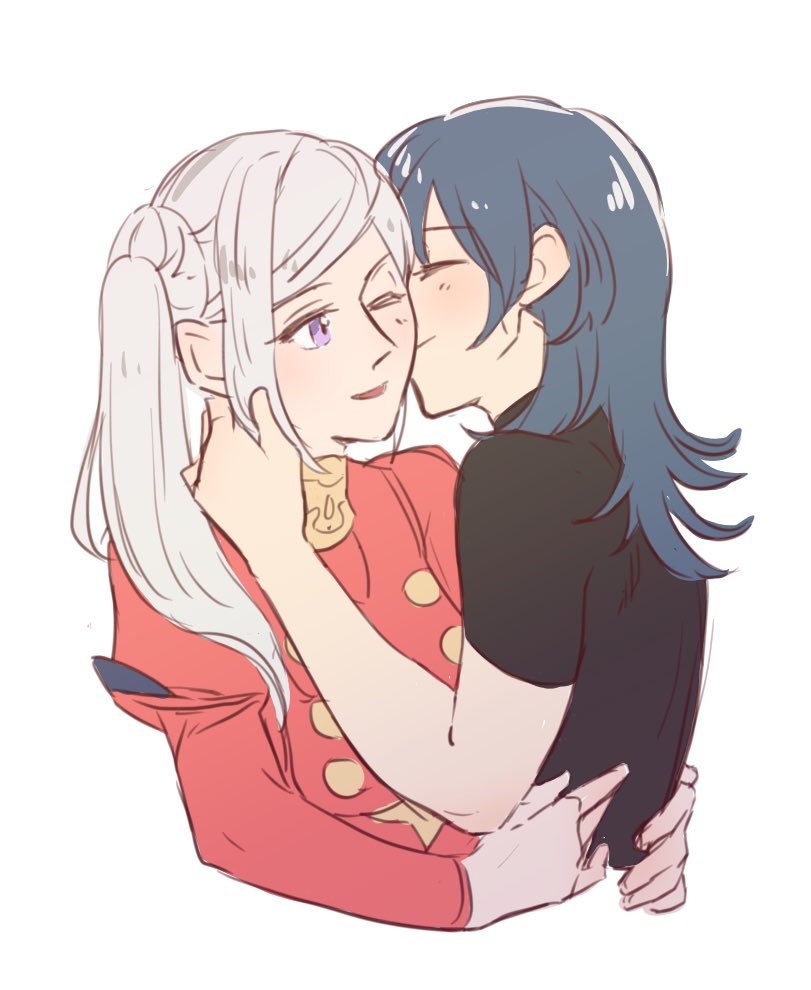 2girls bangs black_shirt blue_hair blush buttons byleth_(fire_emblem) byleth_eisner_(female) cheek_kiss closed_mouth collar commentary_request couple dress edelgard_von_hresvelg fire_emblem fire_emblem:_three_houses from_side hand_on_another's_neck hug kiss long_hair long_sleeves looking_at_another multiple_girls one_eye_closed parted_lips puffy_long_sleeves puffy_sleeves red_dress riromomo shirt short_sleeves side_ponytail sidelocks simple_background smile turtleneck violet_eyes white_background white_hair yuri