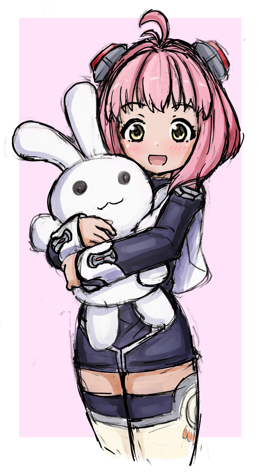 1girl ahoge black_dress black_sleeves brown_eyes dress hair_ornament highres holding holding_stuffed_toy hug hugging_object kansoku long_sleeves looking_at_viewer m.o.m.o. open_mouth pink_hair short_dress short_hair sketch smile solo stuffed_animal stuffed_rabbit stuffed_toy thigh-highs thighs white_thighhighs xenosaga