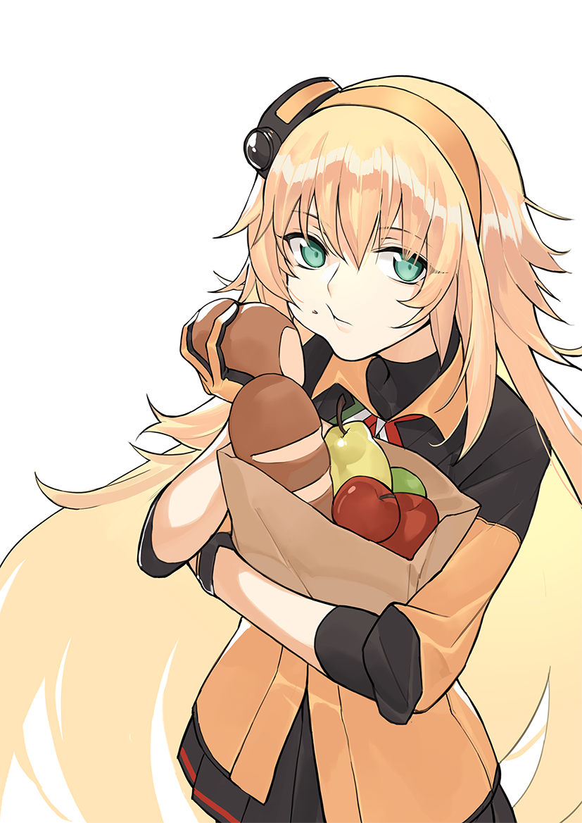 1girl bag black_skirt blonde_hair closed_mouth eating eyebrows_visible_through_hair food girls_frontline gloves green_eyes hairband holding holding_bag holding_food inxst jacket long_hair looking_at_viewer orange_gloves orange_jacket s.a.t.8_(girls_frontline) skirt solo white_background