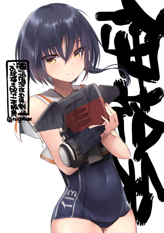 1girl asymmetrical_hair black_gloves black_hair black_swimsuit blush character_name cowboy_shot eyebrows_visible_through_hair gloves hair_between_eyes i-13_(kancolle) kantai_collection nigo one-piece_swimsuit partially_fingerless_gloves sailor_collar sailor_shirt shirt short_hair simple_background single_glove solo swimsuit swimsuit_under_clothes twitter_username white_background white_sailor_collar yellow_eyes