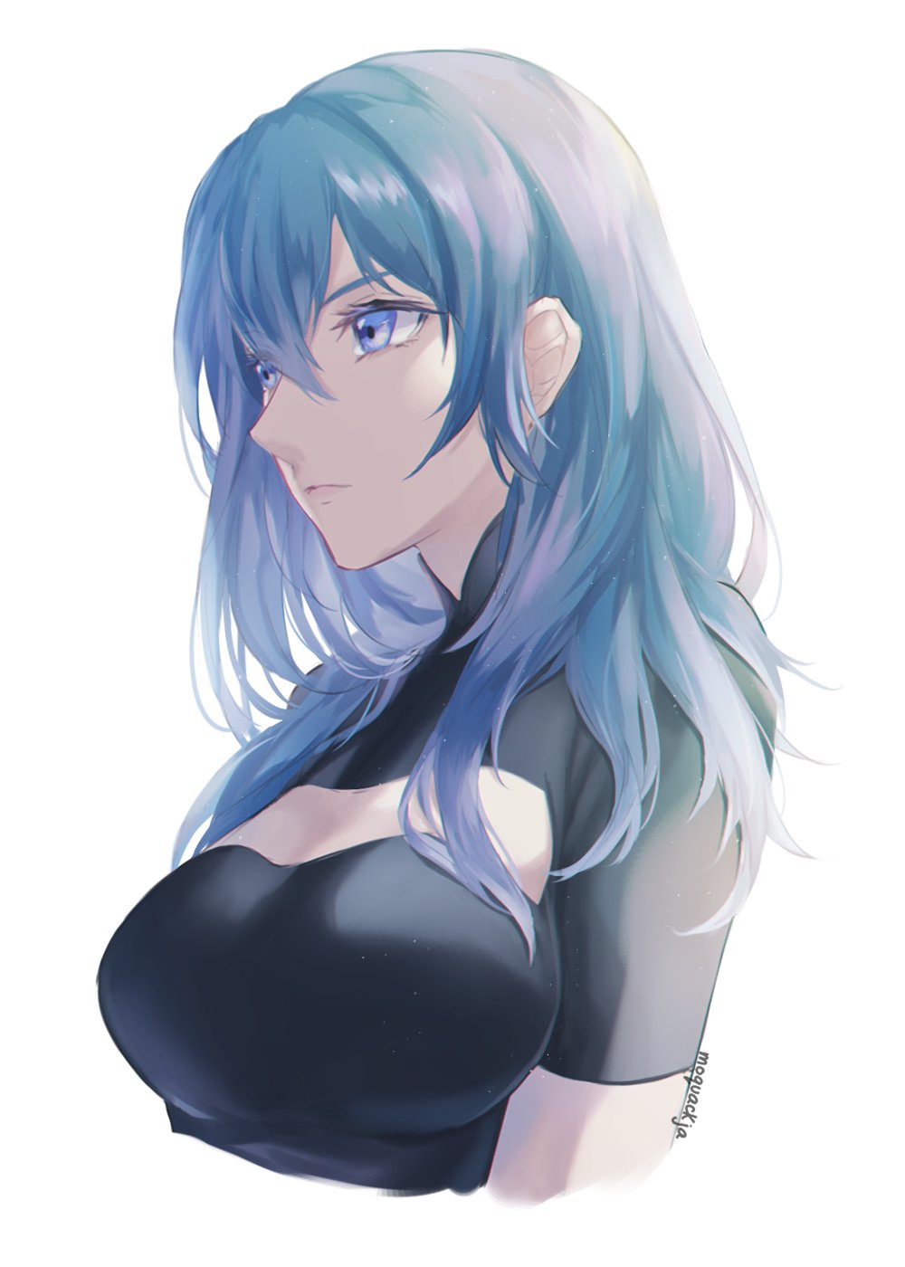 1girl artist_name bangs black_shirt blue_eyes blue_hair breasts byleth_(fire_emblem) byleth_eisner_(female) cleavage_cutout closed_mouth clothing_cutout cropped_arms cropped_torso fire_emblem fire_emblem:_three_houses frown hair_between_eyes highres long_hair medium_breasts moja_(moquackja) shiny shiny_hair shirt short_sleeves simple_background solo straight_hair white_background