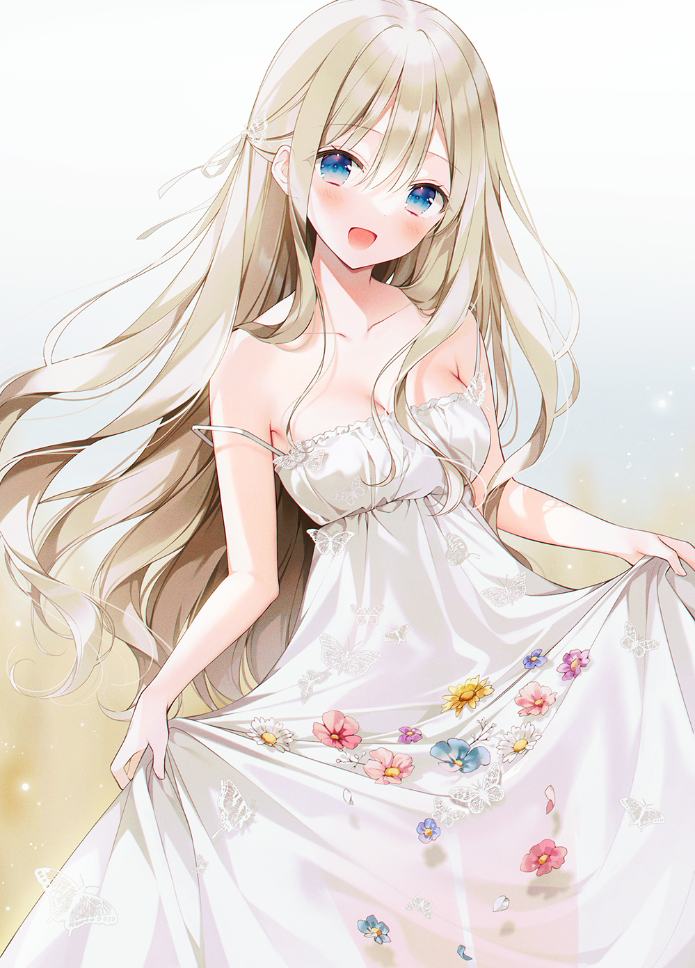 1girl :d bangs bare_shoulders blonde_hair blue_eyes blush breasts bug butterfly dress eyebrows_visible_through_hair flower highres insect long_hair looking_at_viewer medium_breasts open_mouth original see-through_silhouette sidelocks skirt_basket skirt_hold sleeveless sleeveless_dress smile solo standing sundress weri white_dress