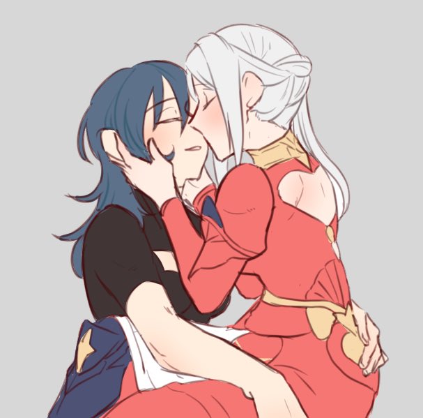 2girls back back_cutout bangs black_shirt blush byleth_(fire_emblem) byleth_eisner_(female) cheek_kiss cleavage_cutout closed_mouth clothing_cutout collar collared_dress commentary_request couple dress edelgard_von_hresvelg eyebrows_visible_through_hair fire_emblem fire_emblem:_three_houses from_side hair_between_eyes hand_on_another's_cheek hand_on_another's_face hug kiss long_hair long_sleeves multiple_girls parted_lips puffy_long_sleeves puffy_sleeves red_dress riromomo shirt short_sleeves side_ponytail sidelocks sitting smile upper_body white_hair yuri