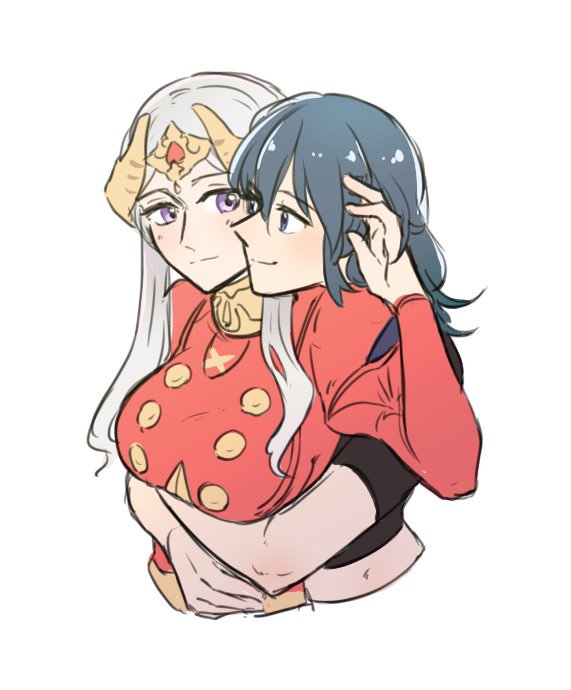 2girls arm_up bangs black_shirt blue_eyes blue_hair blush breasts byleth_(fire_emblem) byleth_eisner_(female) closed_mouth collar collared_dress commentary_request couple dress edelgard_von_hresvelg eye_contact eyebrows_visible_through_hair fire_emblem fire_emblem:_three_houses from_side hair_between_eyes hair_ornament hug hug_from_behind jewelry large_breasts long_hair long_sleeves looking_at_another multiple_girls puffy_long_sleeves puffy_sleeves red_dress riromomo shirt short_sleeves sidelocks simple_background smile upper_body violet_eyes white_background white_hair yuri