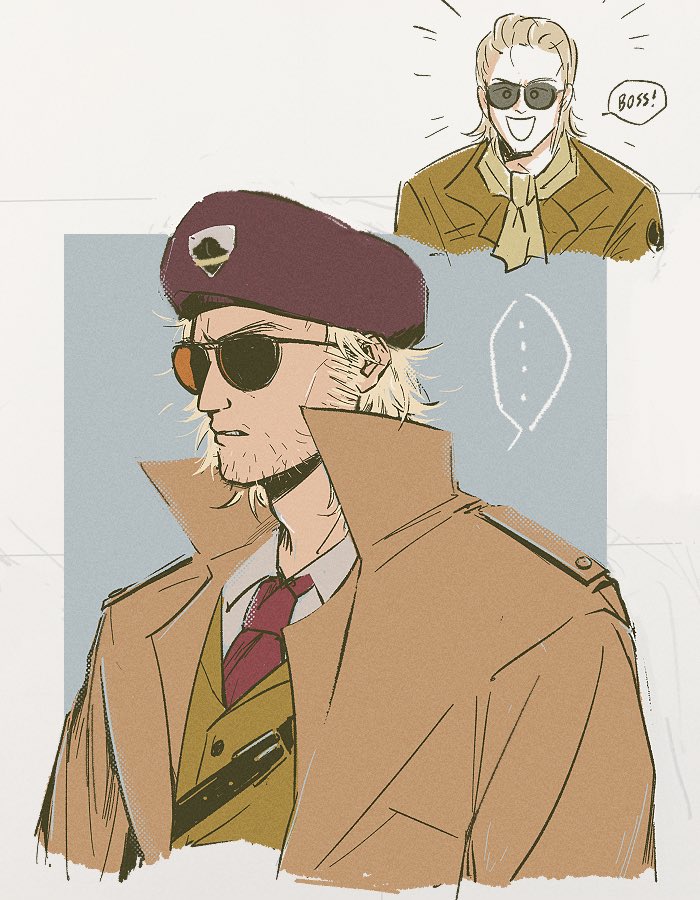 ... 1boy :d age_comparison beret blonde_hair coat english_commentary english_text facial_hair grimace hat kazuhira_miller male_focus metal_gear_(series) metal_gear_solid_peace_walker metal_gear_solid_v multiple_views open_mouth parted_lips red_neckwear res_(spkofthdvl) shirt smile solo spoken_ellipsis sunglasses upper_body vest white_shirt