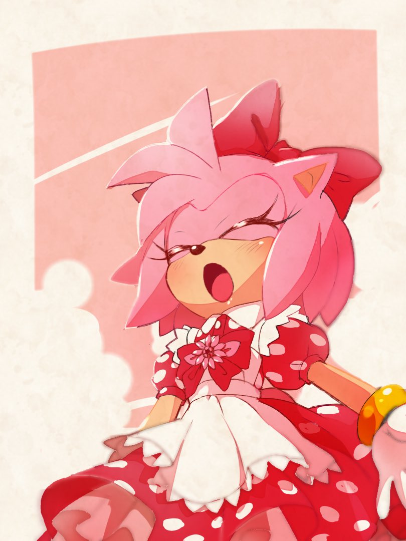 1girl amy_rose apron blush bow bowtie bracelet closed_eyes dress flower furry gloves hair_bow jewelry misuta710 open_mouth pink_flower pink_fur pink_rose puffy_short_sleeves puffy_sleeves red_bow red_dress rose short_sleeves solo sonic_the_hedgehog white_apron white_gloves