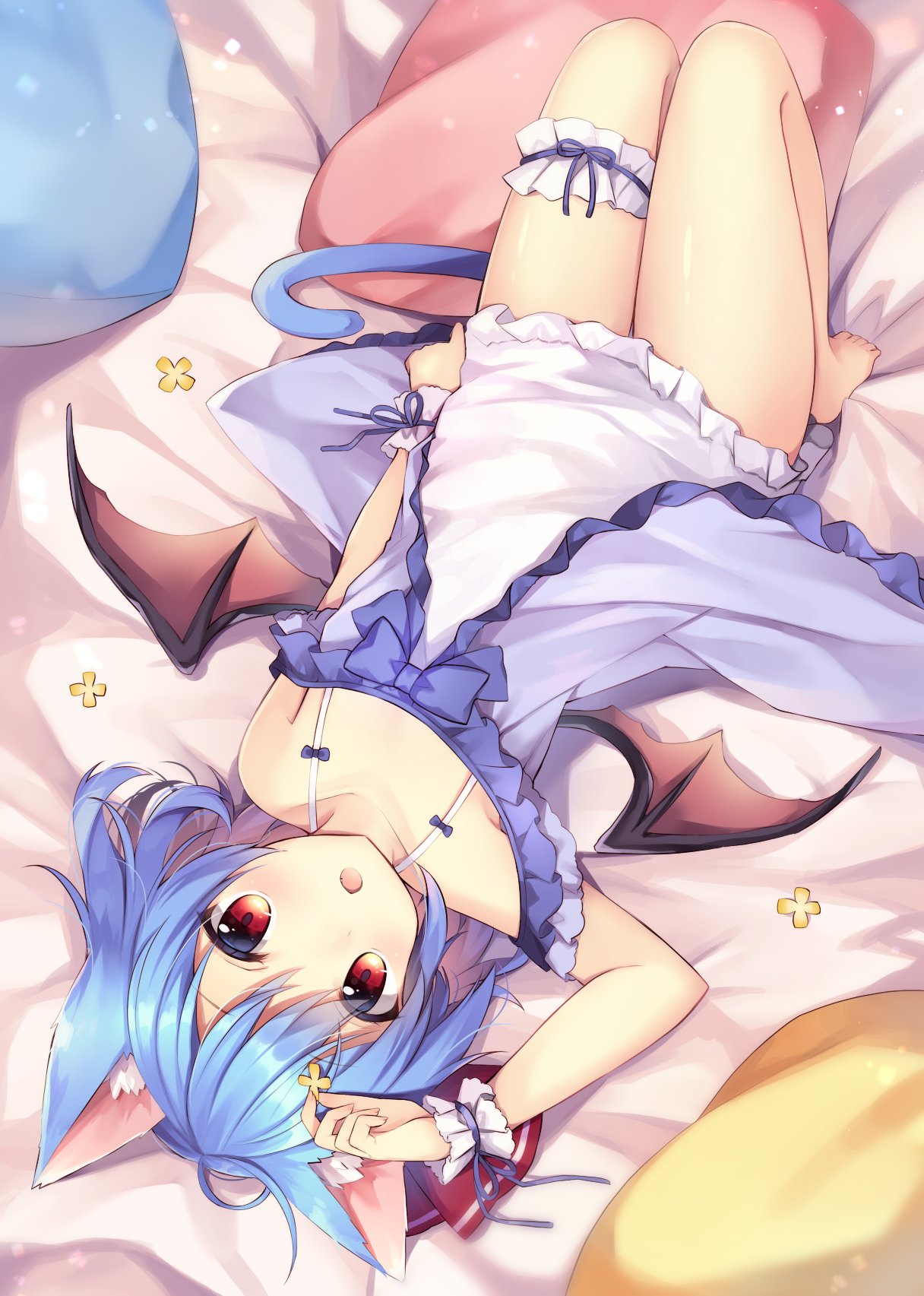 1girl :o alternate_costume animal_ear_fluff animal_ears babydoll bangs bare_legs bare_shoulders bat_wings bed_sheet black_wings blue_babydoll blue_bow blue_hair blue_ribbon bow cat_day cat_ears cat_tail commentary eyebrows_visible_through_hair fang frilled_babydoll frills hair_ribbon highres kemonomimi_mode knees_up legs_together light_particles lingerie looking_at_viewer lying negligee no_hat no_headwear on_back on_bed open_mouth pillow red_eyes red_ribbon remilia_scarlet ribbon ruhika short_hair solo tail thigh_ribbon thigh_strap touhou underwear upside-down wings wrist_cuffs wrist_ribbon