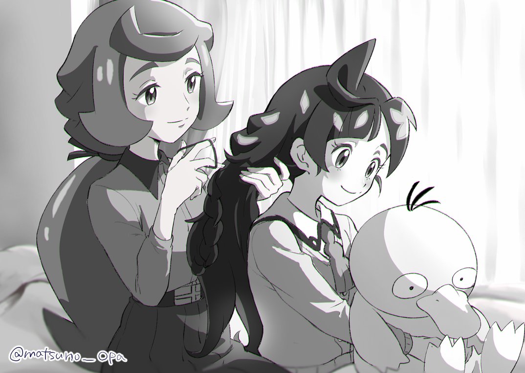 2girls adjusting_hair artist_name ascot bangs blush character_doll chloe_(pokemon) chrysa_(pokemon) closed_mouth collared_shirt commentary_request curtains doll eyelashes gen_1_pokemon greyscale holding holding_doll indoors long_hair matsuno_opa monochrome multiple_girls pokemon pokemon_(anime) pokemon_swsh_(anime) psyduck shirt sitting smile tied_hair watermark