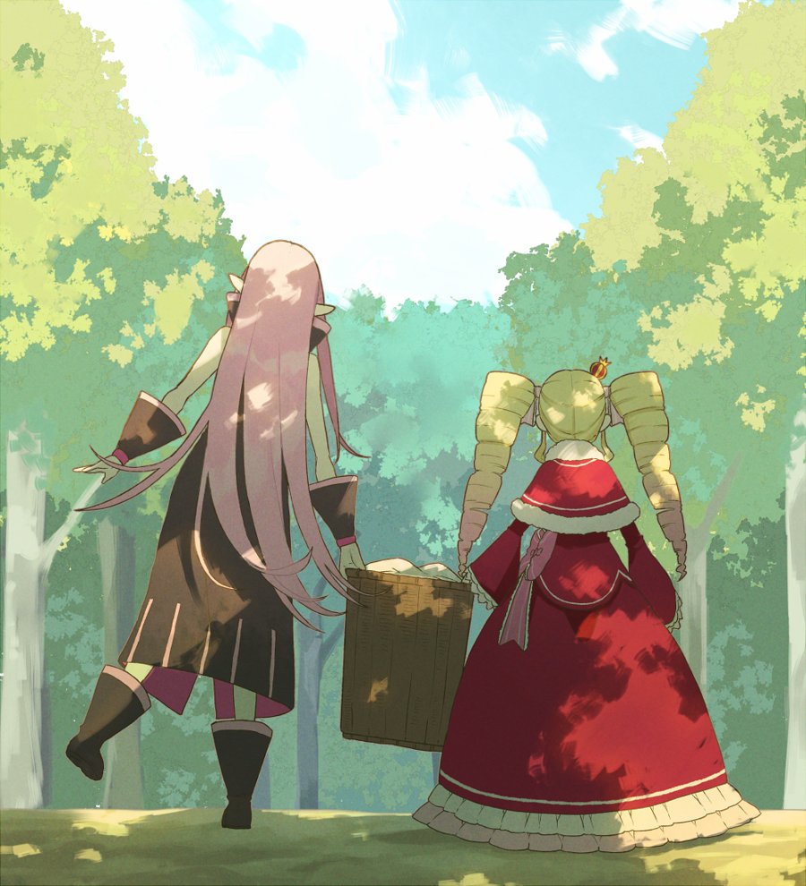 2girls basket beatrice_(re:zero) blonde_hair boots bow capelet clouds commentary_request crown day dress drill_hair frills from_behind fur-trimmed_capelet fur_trim holding holding_basket lewes_meyer long_hair mini_crown multiple_girls outdoors parupin pink_bow pink_hair pointy_ears re:zero_kara_hajimeru_isekai_seikatsu red_capelet red_dress sidelocks sky standing standing_on_one_leg tied_hair tree twin_drills twintails