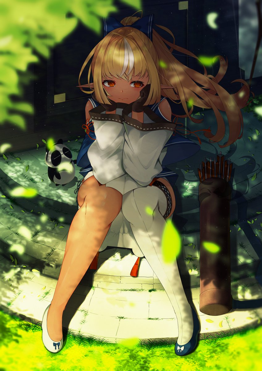 1girl animal_ears arrow_(projectile) bangs blonde_hair blue_sailor_collar blurry blurry_background blurry_foreground blush bow bow_(weapon) brown_gloves closed_mouth clothing_cutout commentary_request dark_skin dark-skinned_female day depth_of_field door dress elf eyebrows_visible_through_hair flats gloves grass hair_bow highres hololive hololive_alternative kintsuba_(shiranui_flare) knees knees_together_feet_apart long_hair long_ponytail long_sleeves looking_at_another looking_away looking_to_the_side mismatched_footwear multicolored_hair orange_eyes outdoors panda_ears pointy_ears ponytail quiver sailor_collar sanasedayo shiranui_flare shoes shoulder_cutout sideways_glance single_thighhigh sitting solo_focus stairs stone_floor streaked_hair sunlight thigh-highs virtual_youtuber weapon white_hair white_legwear wooden_wall