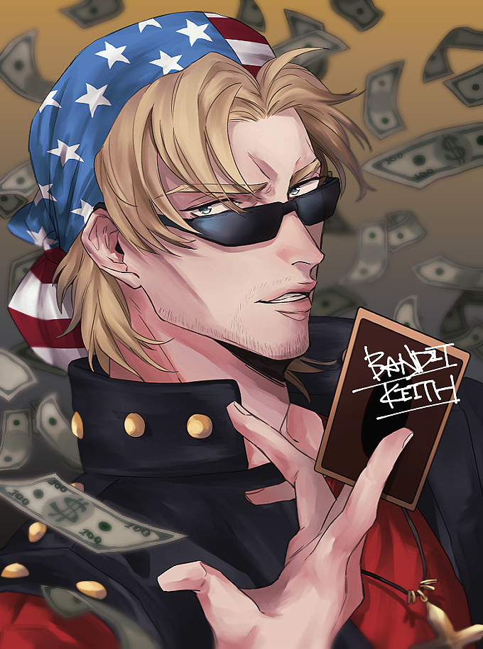 1boy american_flag american_flag_print bandana bangs black_vest blonde_hair blue_eyes card character_name commentary_request cross cross_necklace dollar_bill eyebrows_visible_through_hair facial_hair flag_print holding holding_card jewelry keith_howard looking_at_viewer looking_to_the_side male_focus miyako_(horizonholic) money_rain necklace parted_bangs parted_lips red_shirt shirt short_hair solo stubble studded_vest sunglasses t-shirt upper_body vest yu-gi-oh! yu-gi-oh!_duel_monsters