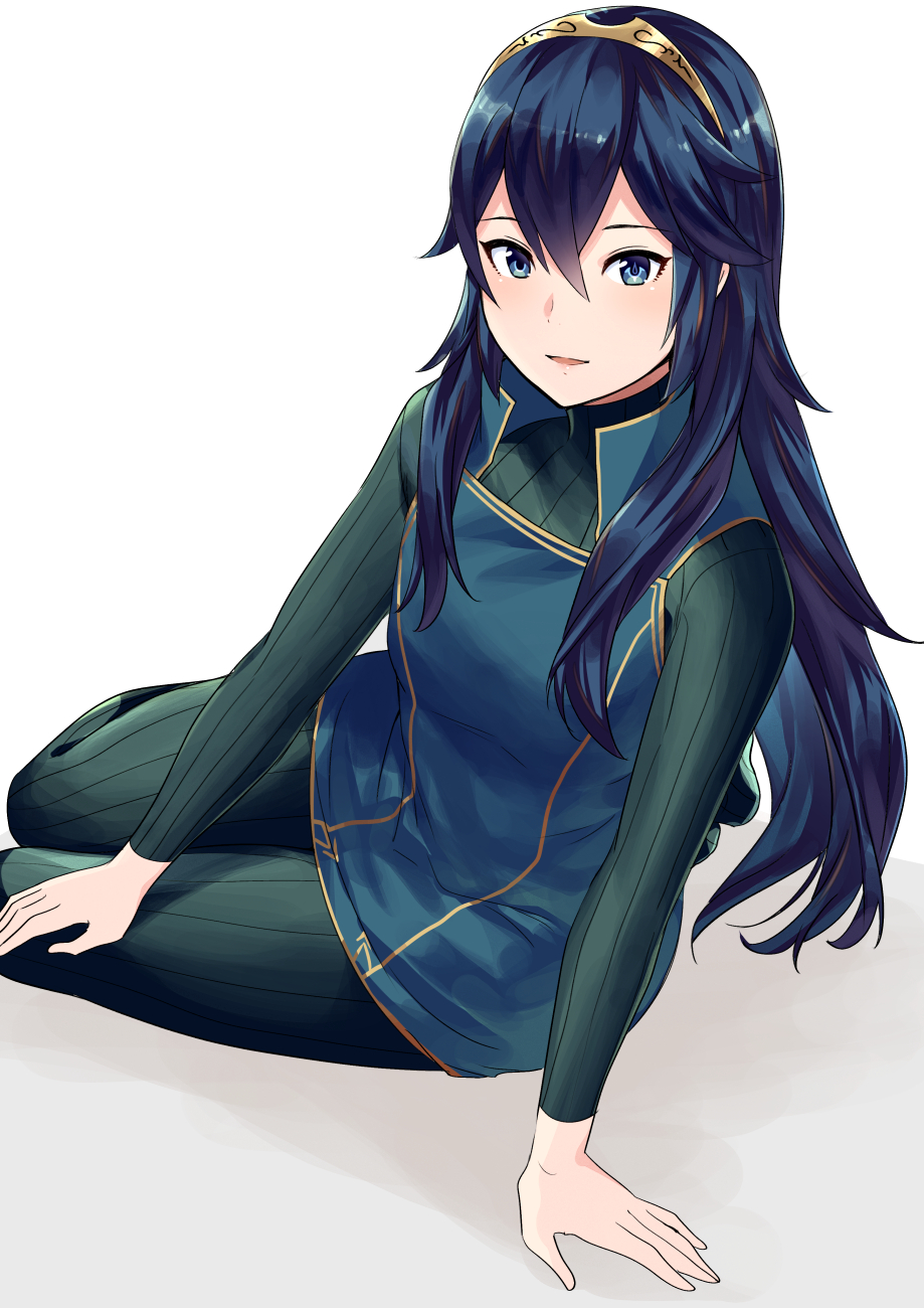 1girl ameno_(a_meno0) blue_eyes blue_hair fire_emblem fire_emblem_awakening hair_between_eyes highres long_hair long_sleeves looking_at_viewer lucina_(fire_emblem) open_mouth simple_background sitting smile solo symbol-shaped_pupils tiara very_long_hair white_background