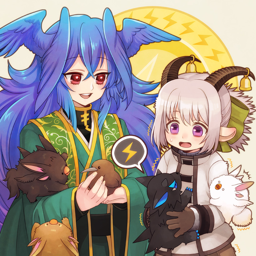 :d :o animal bell bird blue_hair bow brown_gloves brown_horns feathered_wings gloves goat_horns green_bow hair_between_eyes hair_bow head_wings holding holding_animal horns open_mouth pixiv_fantasia_mountain_of_heaven pointy_ears red_eyes robe simple_background smile spoken_lightning_bolt standing sweatdrop trembling ujuju upper_body violet_eyes white_hair wide_sleeves wings