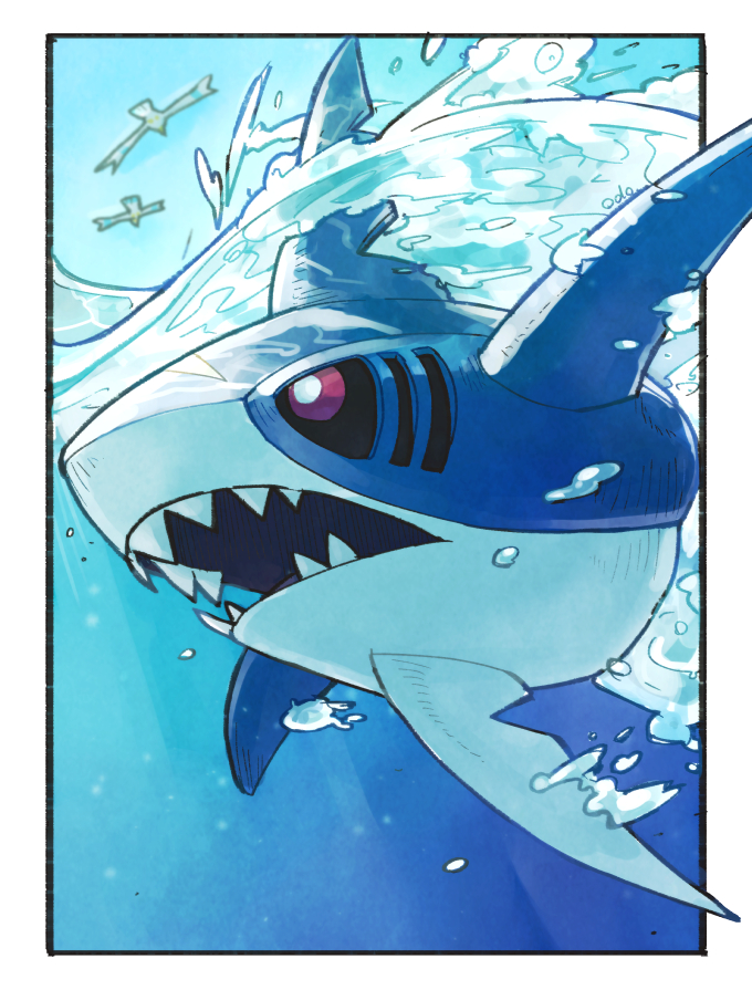 artist_name black_sclera blurry border colored_sclera commentary_request flying gen_3_pokemon odo_7ta open_mouth outside_border partially_underwater_shot pokemon pokemon_(creature) sharp_teeth sharpedo swimming teeth violet_eyes white_border wingull