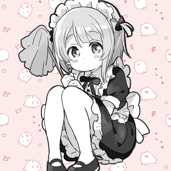 1girl apron bangs blush dog duster holding looking_at_viewer love_live! love_live!_nijigasaki_high_school_idol_club maid maid_headdress mezashi_(mezamashi_set) monochrome nakasu_kasumi one_side_up pantyhose patterned_background puffy_short_sleeves puffy_sleeves short_hair short_sleeves sitting solo squatting waist_apron