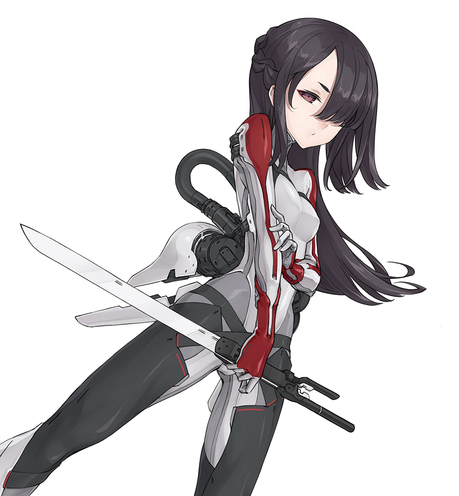 1girl black_hair brown_eyes hair_over_one_eye holding holding_sword holding_weapon kazuoki original pilot_suit simple_background solo sword weapon white_background