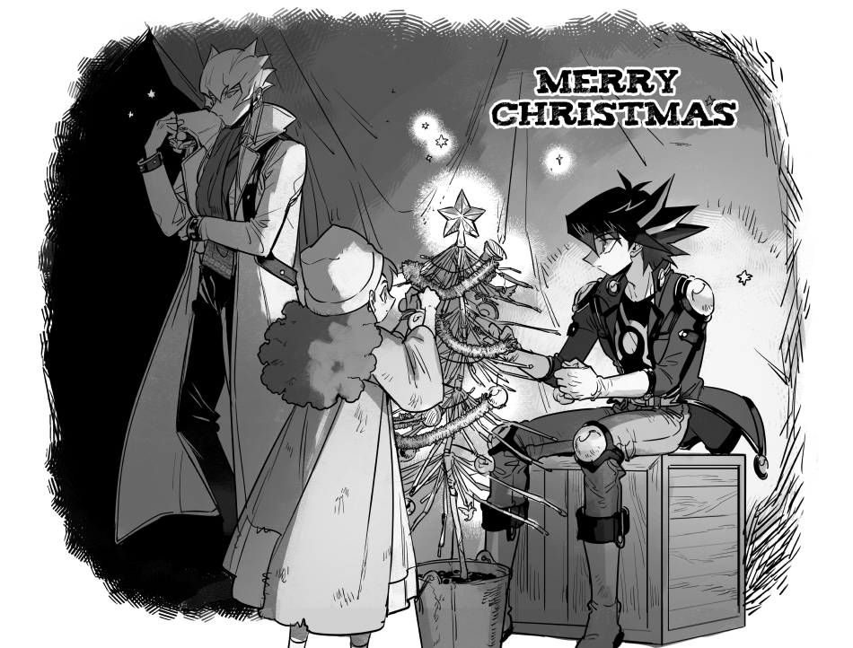 1girl 2boys bangs beanie belt boots box christmas christmas_ornaments christmas_tree closed_mouth coat commentary_request fudou_yuusei glowing greyscale hair_between_eyes hat jack_atlas jacket long_hair looking_at_another looking_back looking_to_the_side merry_christmas monochrome multicolored_hair multiple_boys pants pot print_shirt rally_dawson scarf shirt short_hair sitting socks spiky_hair standing star_(symbol) streaked_hair t-shirt torinomaruyaki two-tone_hair yu-gi-oh! yu-gi-oh!_5d's