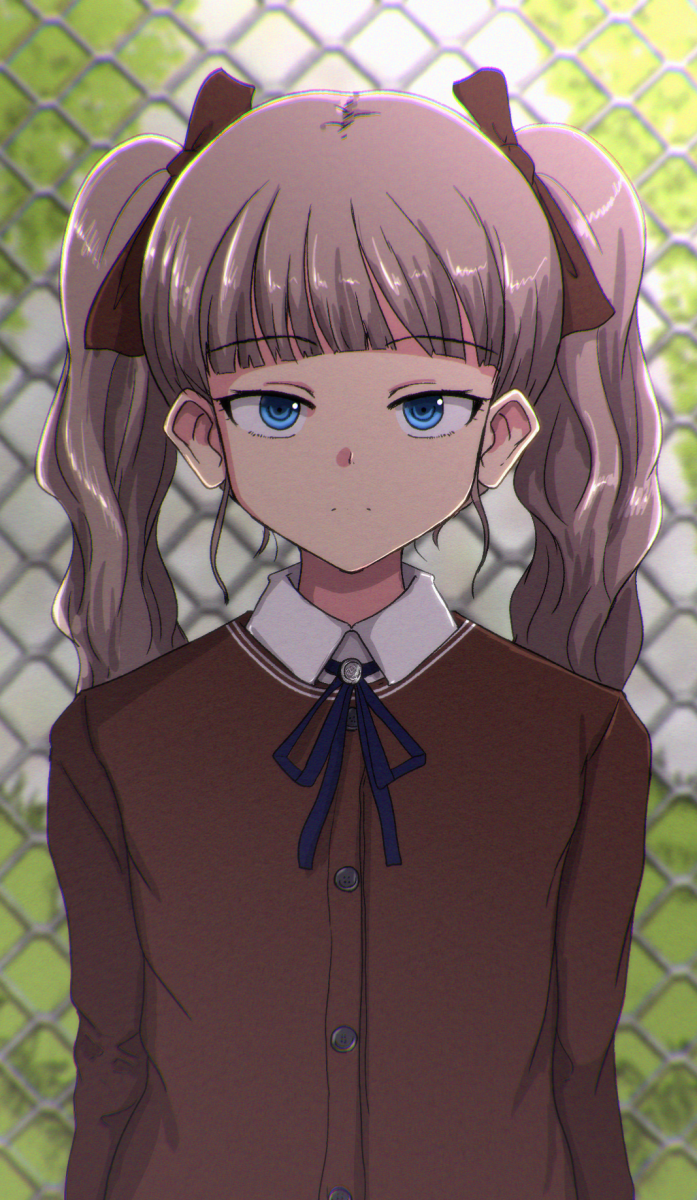 1girl blue_eyes eyebrows_visible_through_hair fence grey_hair hair_ribbon highres hiramine_akira original outdoors ribbon school_uniform tree twintails vest