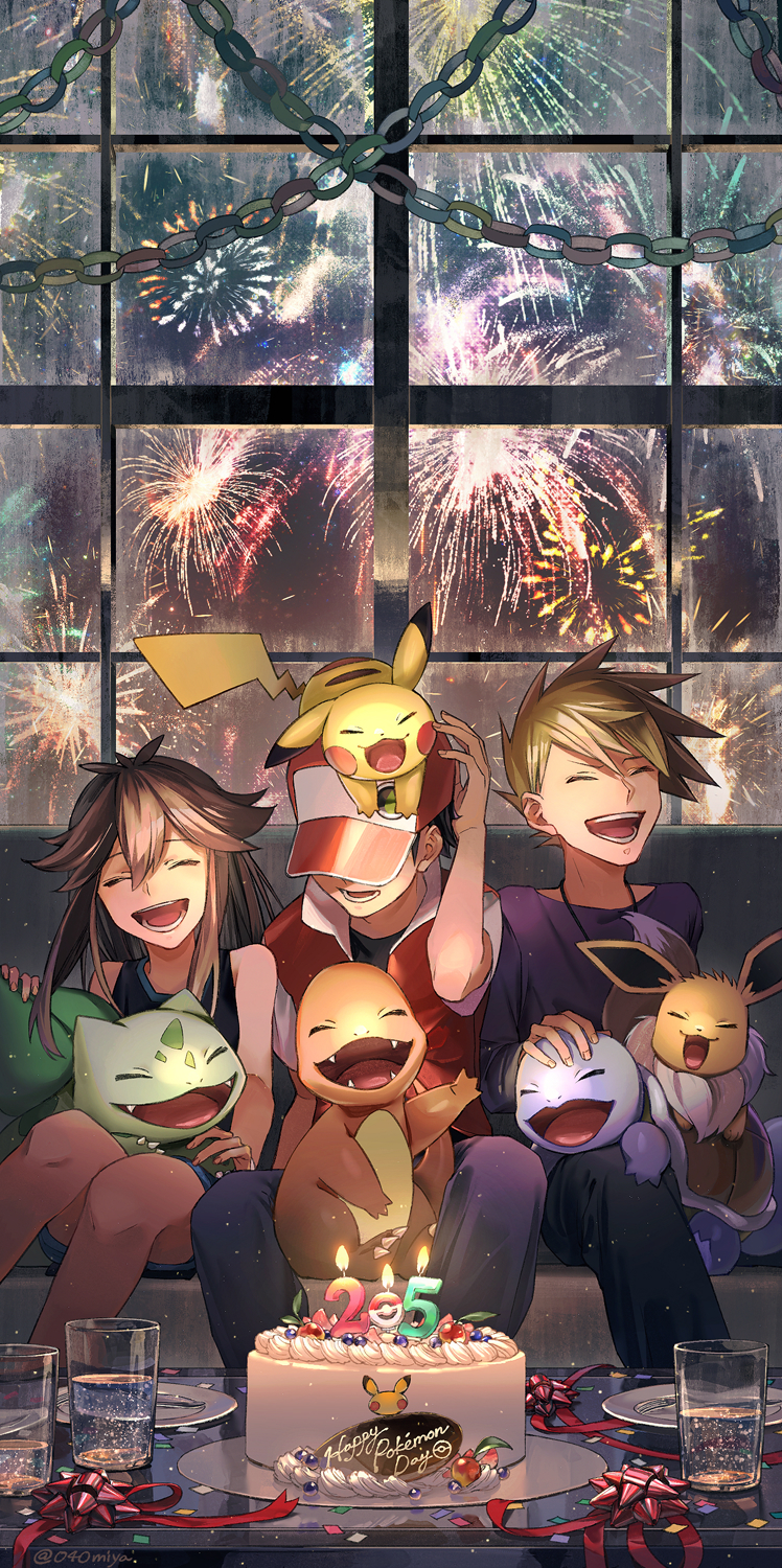 1girl 2boys anniversary bangs baseball_cap blue_oak brown_hair bulbasaur cake candle charmander closed_eyes commentary_request eevee fire fireworks flame food gen_1_pokemon glass green_(pokemon) hat highres jacket jewelry liquid long_hair multiple_boys narumiya_(040miya) necklace on_head on_lap open_mouth pants pikachu plate pokemon pokemon_(creature) pokemon_(game) pokemon_lgpe pokemon_on_head pokemon_on_lap pokemon_rgby purple_shirt red_(pokemon) ribbon shirt smile spiky_hair squirtle starter_pokemon_trio teeth tongue |d