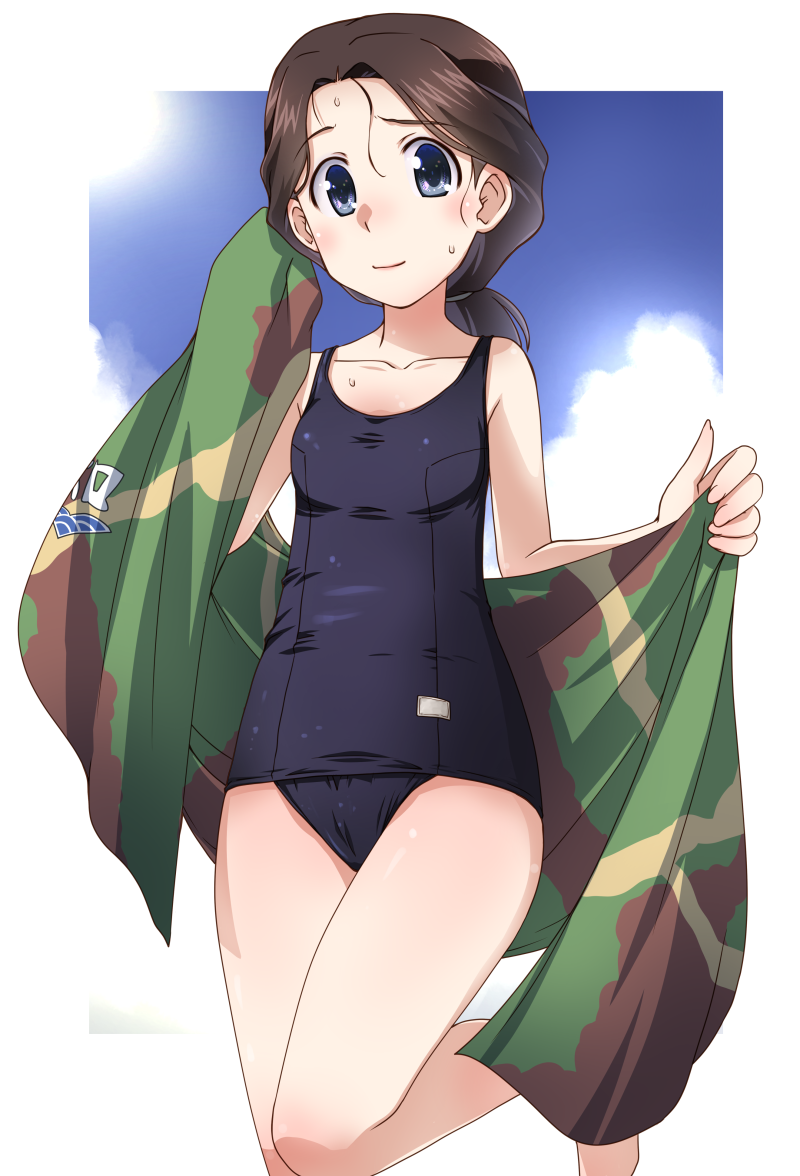 1girl black_eyes black_hair black_swimsuit blue_sky border breasts camouflage chi-hatan_(emblem) closed_mouth clouds cloudy_sky commentary_request day drying emblem girls_und_panzer green_towel hair_tie hamada_(girls_und_panzer) holding holding_towel leg_up looking_at_viewer low_ponytail medium_hair old_school_swimsuit osamada_meika outdoors outside_border partial_commentary ponytail school_swimsuit sky small_breasts smile solo standing standing_on_one_leg swimsuit towel wet white_border