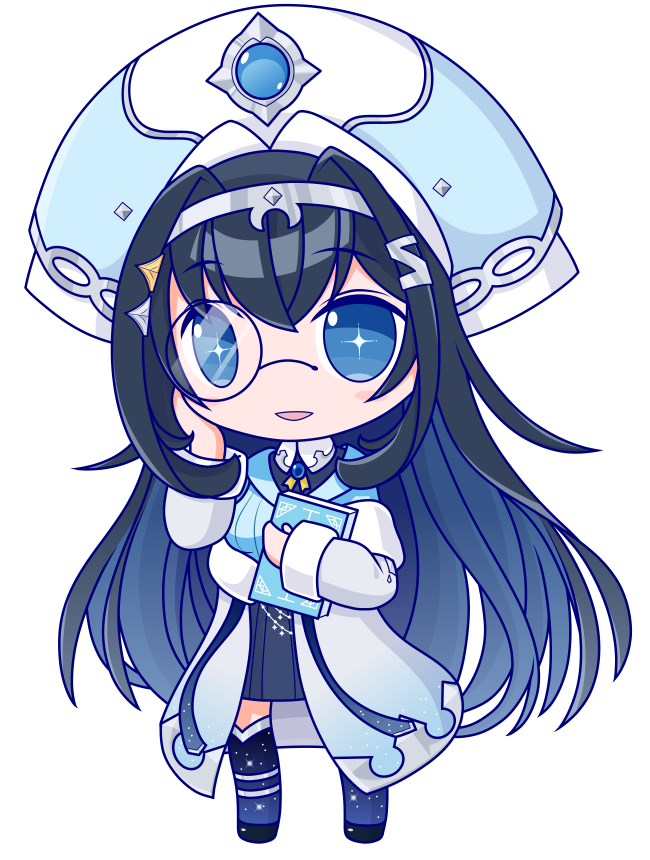 1girl black_hair blue_eyes blue_hair blue_jacket blush book chibi colored_inner_hair holding holding_book hololive hololive_china jacket lobera monocle multicolored_hair off_shoulder open_mouth rosalyn_(hololive) silver_hairband smile solo transparent_background virtual_youtuber