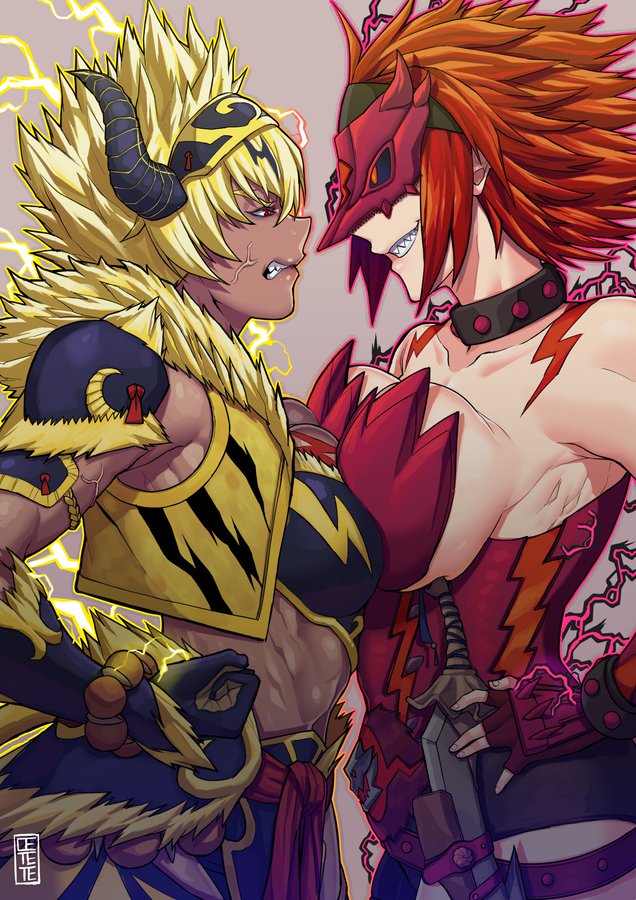 2girls abs angry armor artist_logo asymmetrical_docking aura bandeau bare_shoulders beads blonde_hair bracer breast_press breasts cete_(controllingtime) clenched_hand clenched_teeth collar commentary corset cowboy_shot dark_skin dark-skinned_female deviljho_(armor) electricity english_commentary eye_contact eye_mask face-to-face fictional_persona fingerless_gloves fingernails fur_trim gloves grin hand_on_hip headband horns huge_breasts knife large_breasts lips looking_at_another mask medium_hair midriff monster_hunter multiple_girls open_clothes open_vest pants rajang_(armor) red_eyes redhead sharp_teeth shoulder_armor sideboob skindentation smile spiky_hair stomach strapless teeth toned underbust v-shaped_eyebrows veins vest