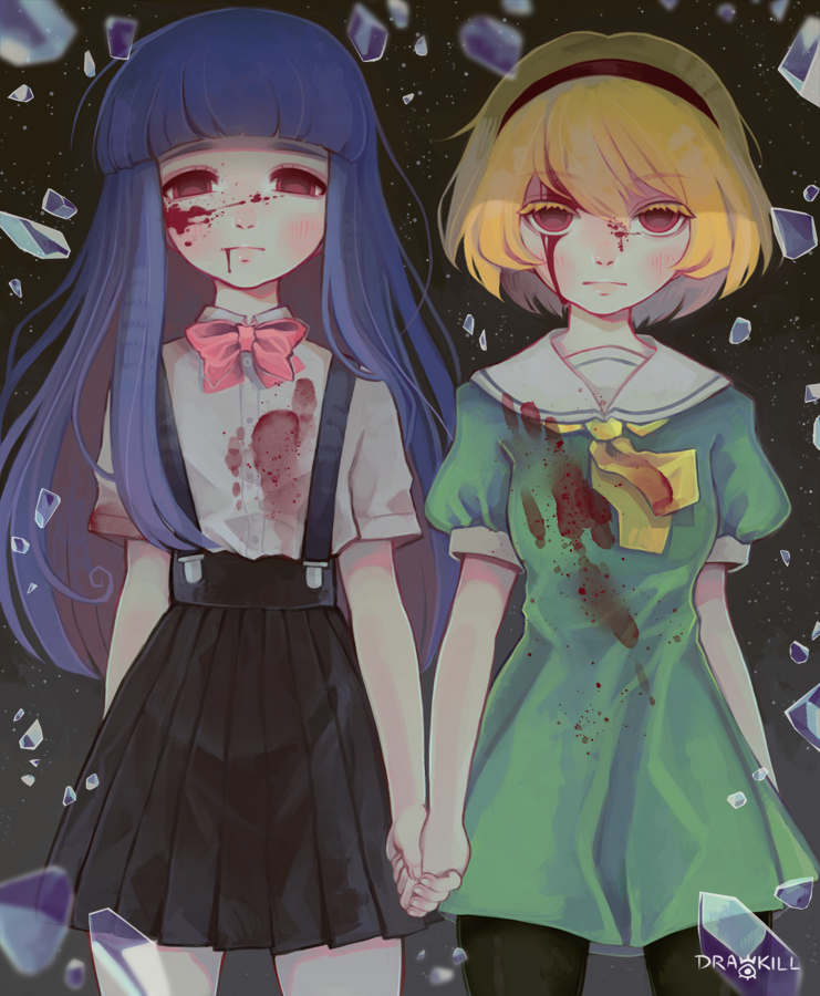 2girls black_skirt blonde_hair blood blood_on_face bloody_clothes bow drawkill dress furude_rika green_dress headband higurashi_no_naku_koro_ni hime_cut holding_hands houjou_satoko long_hair moon multiple_girls purple_hair red_eyes shirt short_hair skirt sky star_(sky) starry_sky suspenders violet_eyes white_shirt