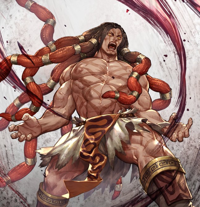 1boy abs biceps brown_hair bulge claw_pose cross_scar feet_out_of_frame fighting_stance floating_hair gradient_hair large_pectorals long_hair male_focus mature_male multicolored_hair muscular muscular_male navel necalli nipples redhead roaring scar scar_on_chest shirtless solo stomach street_fighter street_fighter_v thighs torn_clothes zoo_(oukakumaku)